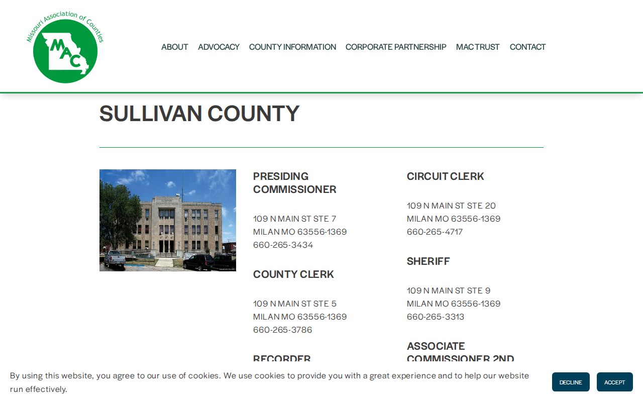 Sullivan County official contact directory for Green City arrest verification