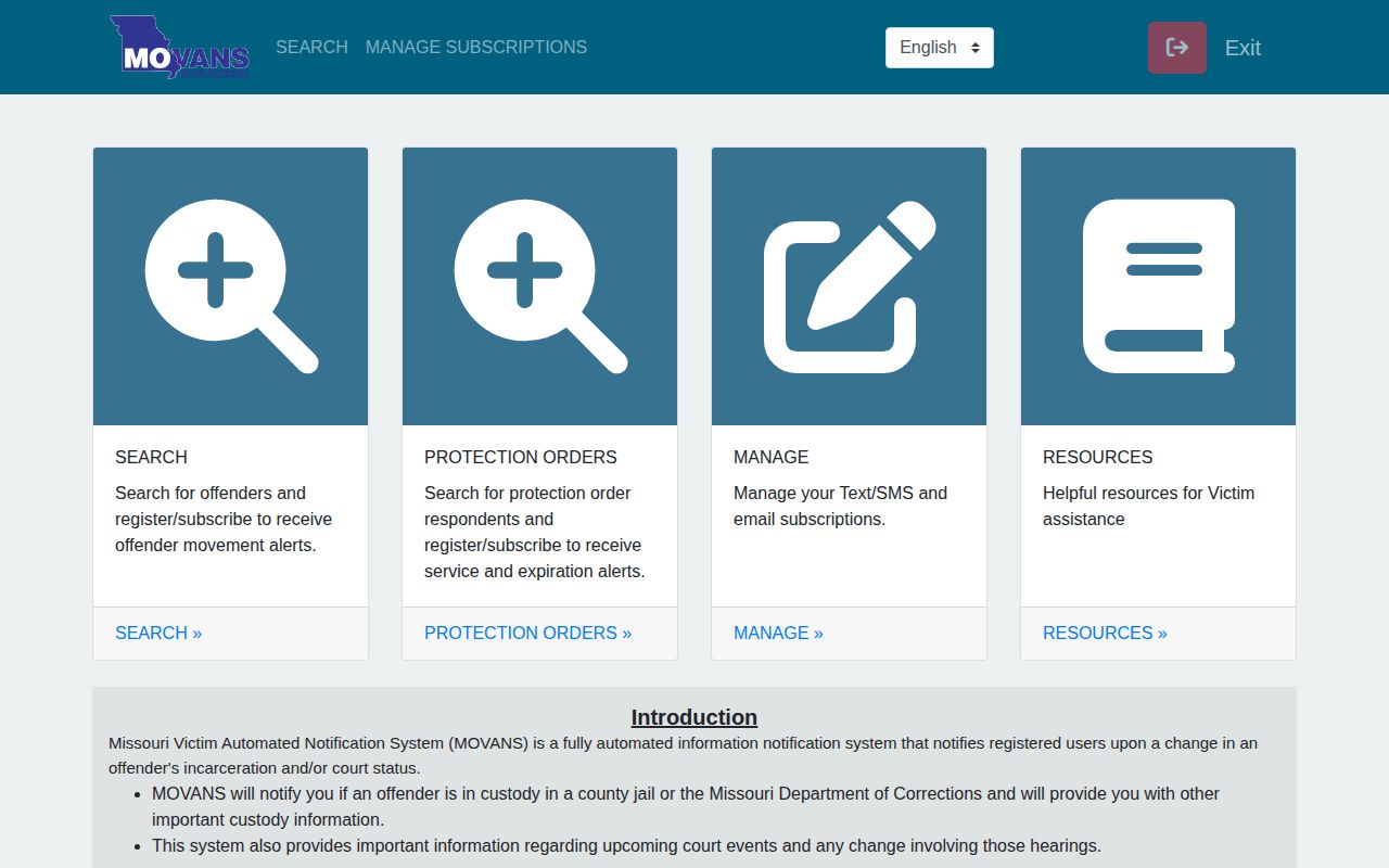 Missouri MOVANS custody alert registration screen