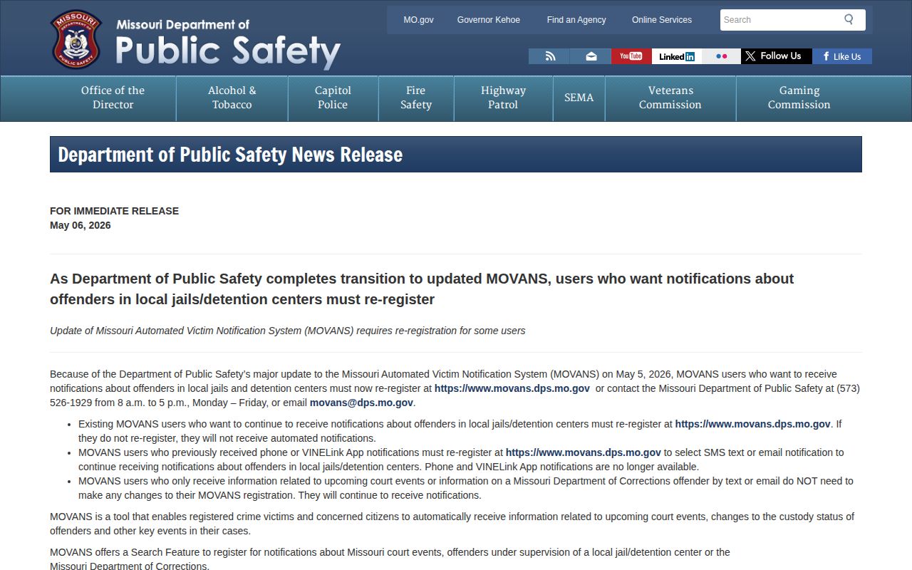 Missouri DPS 2026 MOVANS transition notice