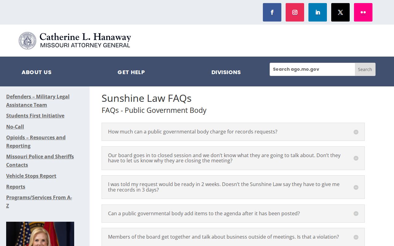 Missouri Attorney General Sunshine Law FAQ page